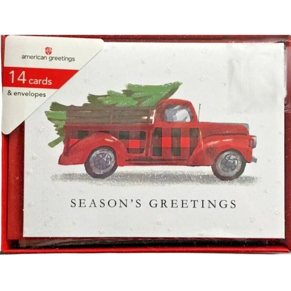 Christmas Tree American Greetings Red Farm Truck Cards Boxed 14 Cards Envelopes